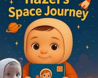 May include: A digital illustration of a baby wearing a white bonnet and orange outfit, holding a blue book with a rocket ship and astronaut design. The book's title is "Hazel's Space Journey" with a starry night sky background.