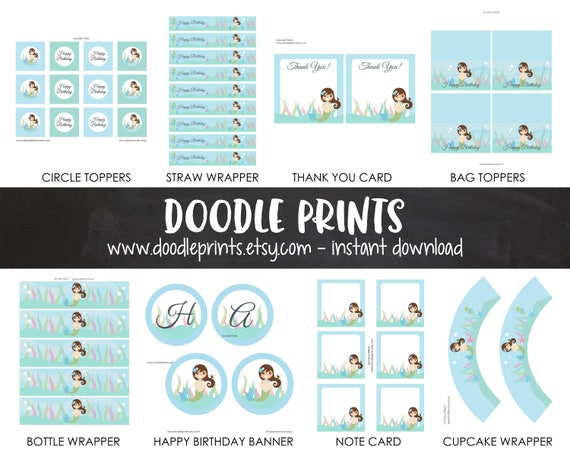MERMAID Party Birthday Package, Printable Package Party Decor, Little Mermaid Birthday, Ocean, Beach Under the Sea, Banner Thank You Card Il_570xn