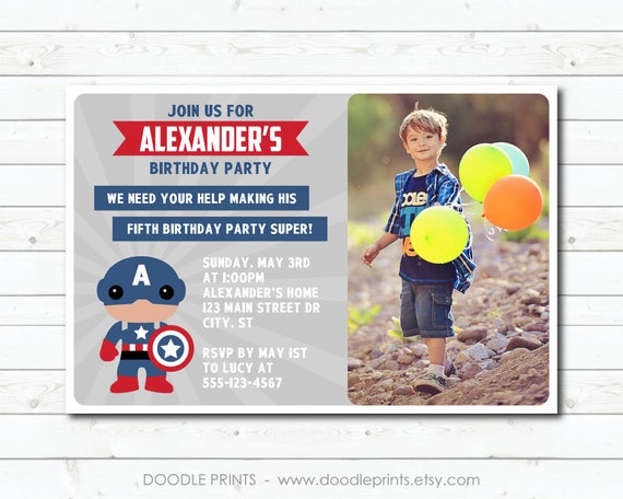 Super Hero Invitation, Captain America Invitation, Avenger Heroes Birthday Invitation, Picture Digital Printable Boy's Party 5x7" 4x6" Il_570xn