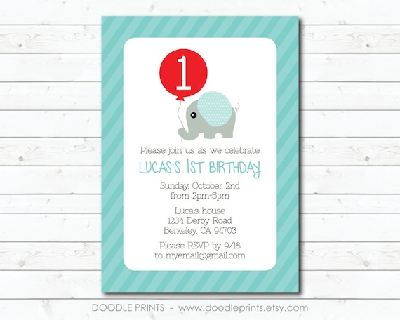 Elephant Invitation Printable Birthday Invitation 1st Birthday Boy