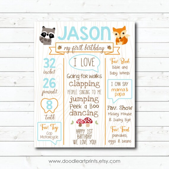 Woodland Forest First Birthday Poster Sign, Boy Girl Sign Printable 1st Birthday Board - Fox, Raccoon, Wood Personalized Digital File Il_570xn