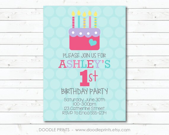 Birthday Cake Invitation, Printable Birthday Party Invitation, Happy First Birthday Yummy Cake Candles, 1st birthday Invitation, 5x7 4x6 Il_570xn