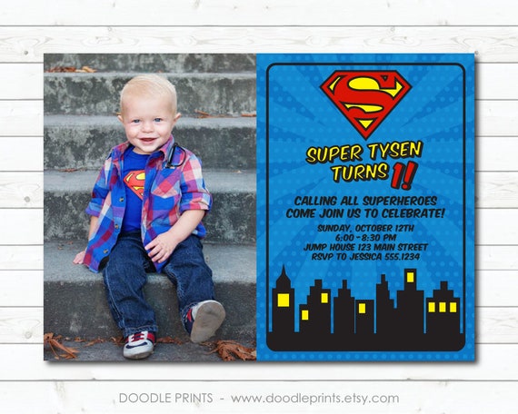 Super Man Invitation, Picture Birthday Invitation, Super Hero Birthday Party, Heroes Justice League Superman, Printable Digital Invite Il_570xn