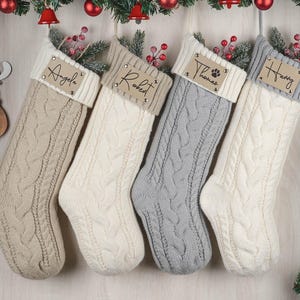 Personalized Knit Christmas Stocking, Engraved Leather Patch