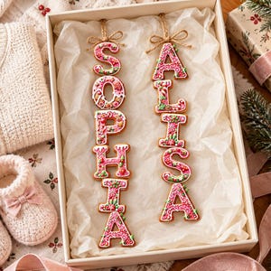 May include: Two vertical hanging ornaments shaped like gingerbread cookies, spelling the names SOPHIA and ALISA. Each letter is decorated with pink icing, white patterns, and small green and red accents, topped with a small brown twine bow.