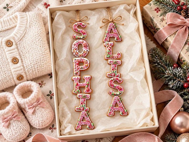 May include: Two vertical hanging ornaments shaped like gingerbread cookies, spelling the names SOPHIA and ALISA. Each letter is decorated with pink icing, white patterns, and small green and red accents, topped with a small brown twine bow.