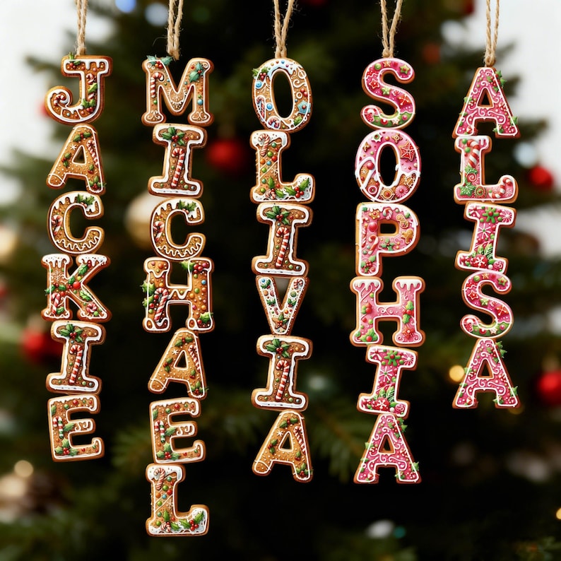 May include: Five vertical hanging ornaments shaped like letters spelling the names Jackie, Michael, Olivia, Sophia, and Alisa. The ornaments feature a brown gingerbread texture with white icing details, red and green holly, and candy cane patterns.