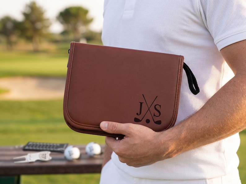 Pode incluir: Uma bolsa de acess&oacute;rios de golfe de couro marrom com uma al&ccedil;a preta e as iniciais "JXS" com tacos de golfe cruzados e uma bola de golfe. Duas bolas de golfe e um marcador de tee est&atilde;o em uma mesa de madeira no fundo.