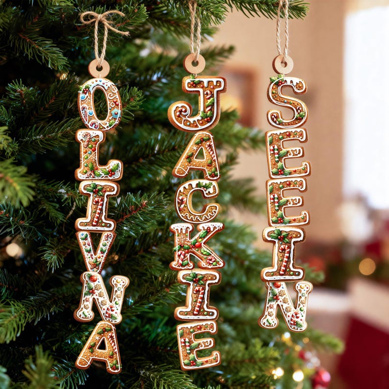 May include: Three vertical hanging ornaments shaped like gingerbread cookies, each featuring white icing details, red and green holly accents, and candy cane patterns. The letters spell out the names OLIVIA, JACKIE, and SEEIN, suspended by twine loops.