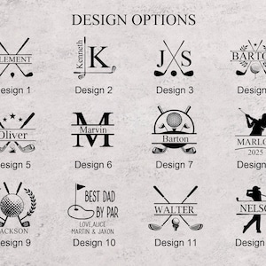 Pode incluir: Uma cole&ccedil;&atilde;o de op&ccedil;&otilde;es de design com tema de golfe, apresentando v&aacute;rios nomes e iniciais. Cada design inclui tacos de golfe, bolas e imagens relacionadas. O texto inclui nomes como Clement, Oliver, Jackson, Barton, Walter, Marlon e Nelson. A frase "Best Dad By Par" tamb&eacute;m est&aacute; presente.