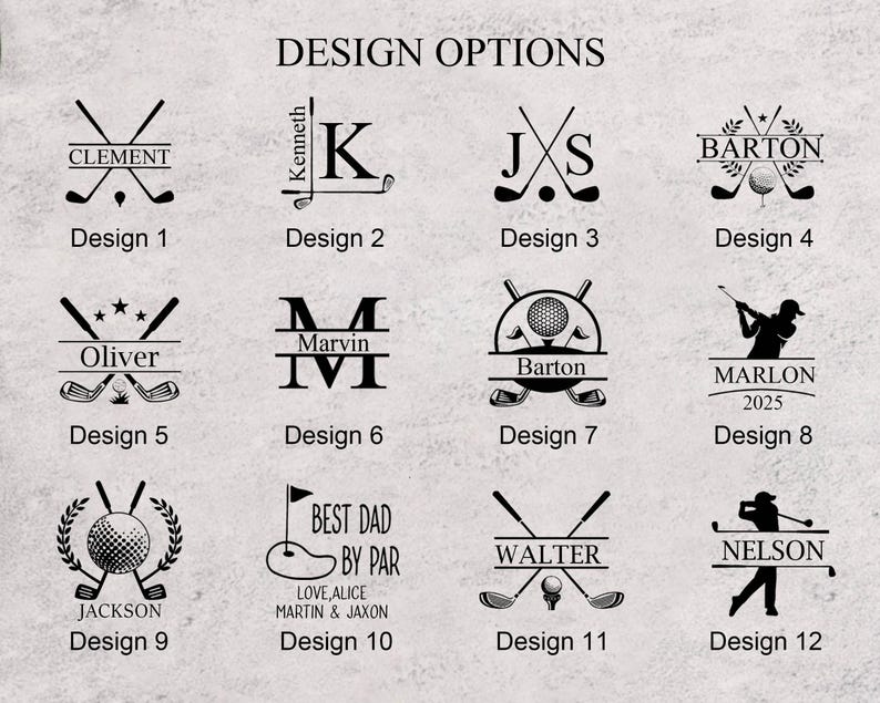 Pode incluir: Uma cole&ccedil;&atilde;o de op&ccedil;&otilde;es de design com tema de golfe, apresentando v&aacute;rios nomes e iniciais. Cada design inclui tacos de golfe, bolas e imagens relacionadas. O texto inclui nomes como Clement, Oliver, Jackson, Barton, Walter, Marlon e Nelson. A frase "Best Dad By Par" tamb&eacute;m est&aacute; presente.