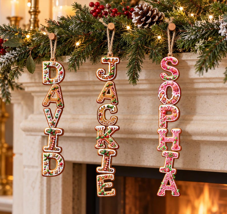 May include: Three vertical hanging ornaments shaped like gingerbread cookies, each featuring a name spelled out in capital letters: DAVID, JACKIE, and SOPHIA. The letters are decorated with white icing, red and green accents, and candy-like details.
