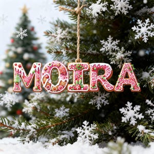 May include: A hanging Christmas ornament shaped like the name MOIRA, featuring a gingerbread-style texture with pink, red, and green icing patterns, including small holly leaves and berries, suspended by a thin brown twine string.