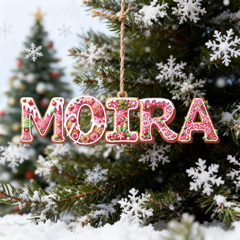 May include: A hanging Christmas ornament shaped like the name MOIRA, featuring a gingerbread-style texture with pink, red, and green icing patterns, including small holly leaves and berries, suspended by a thin brown twine string.