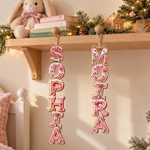 May include: Two vertical hanging ornaments featuring the names SOPHIA and MOIRA, crafted to resemble gingerbread cookies with pink and white icing details, floral patterns, and small green accents, suspended by twine from wooden pegs on a shelf.