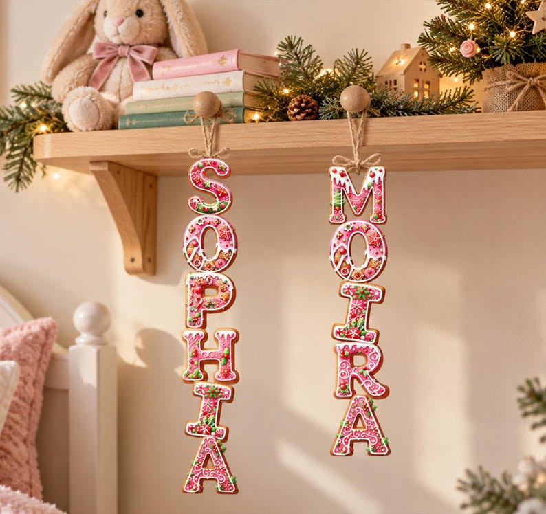 May include: Two vertical hanging ornaments featuring the names SOPHIA and MOIRA, crafted to resemble gingerbread cookies with pink and white icing details, floral patterns, and small green accents, suspended by twine from wooden pegs on a shelf.