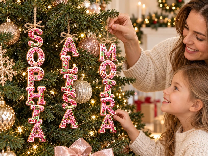 May include: Three vertical hanging Christmas ornaments shaped like gingerbread letters spelling the names SOPHIA, ALISSA, and MOIRA. Each letter features a pink and white icing pattern with small green and red candy accents and a jute twine loop.