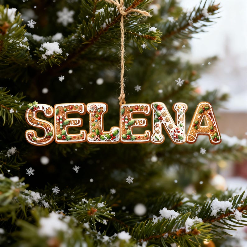May include: A hanging Christmas ornament shaped like gingerbread letters spelling the name SELENA. The letters feature brown icing, white piped details, red berries, green holly leaves, and candy cane stripes, suspended by a thin twine string.