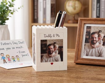 Portapenne personalizzato a forma di mattone con foto "Papà e figlio", organizer ispirato ai mattoni, regalo per la festa del papà, regalo per papà, regalo per studenti