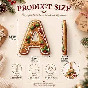 May include: A gingerbread-style wooden letter A ornament decorated with white icing, green holly leaves, red berries, and a candy cane pattern. It measures 3.8 cm (1.50 in) in height, 3 cm (1.18 in) in width, and 0.5 cm (0.20 in) in depth.