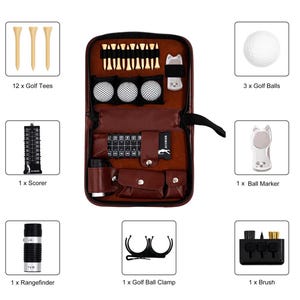 Pode incluir: Um kit de golfe em couro castanho com v&aacute;rios acess&oacute;rios. Inclui 12 tees de golfe, 3 bolas de golfe, um marcador de pontua&ccedil;&atilde;o, um marcador de bola, um tel&ecirc;metro, uma pin&ccedil;a para bolas de golfe e uma escova. Para golfistas.