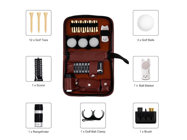 Pode incluir: Um kit de golfe em couro castanho com v&aacute;rios acess&oacute;rios. Inclui 12 tees de golfe, 3 bolas de golfe, um marcador de pontua&ccedil;&atilde;o, um marcador de bola, um tel&ecirc;metro, uma pin&ccedil;a para bolas de golfe e uma escova. Para golfistas.