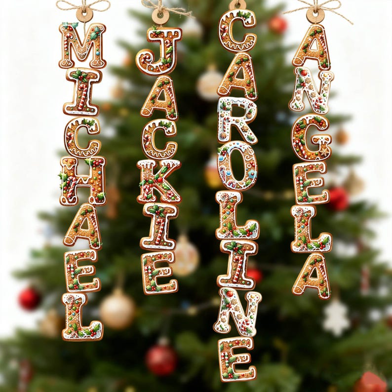 May include: Four vertical hanging ornaments shaped like gingerbread letters spelling the names Michael, Jackie, Caroline, and Angela. Each letter features white icing details, red and green holly accents, and candy cane patterns, suspended by twine.
