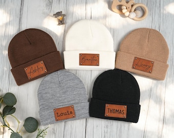 Custom Name Baby Beanie, Winter Knit Hat, Personalized Leather Patch