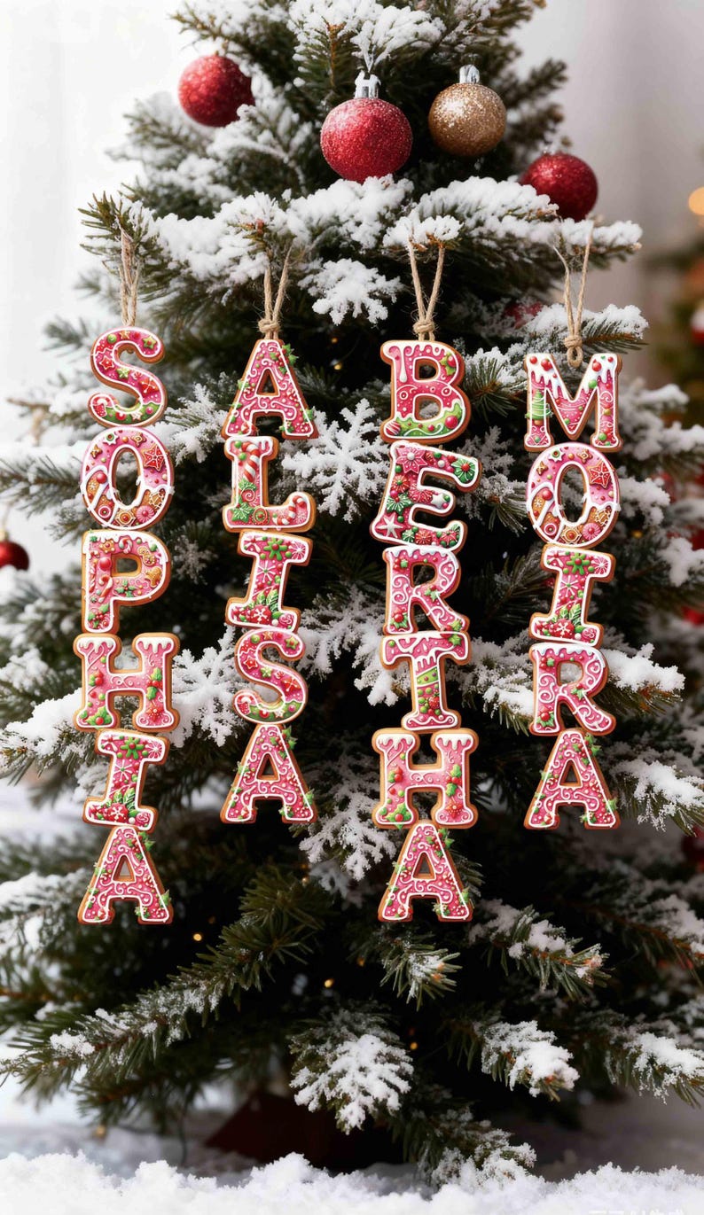 May include: Four vertical hanging ornaments shaped as letters, spelling the names SOPHIA, ALISHA, BERTHA, and MOIRA. Each letter features a gingerbread-style base with pink, red, and green icing patterns, white piped details, and twine loops.