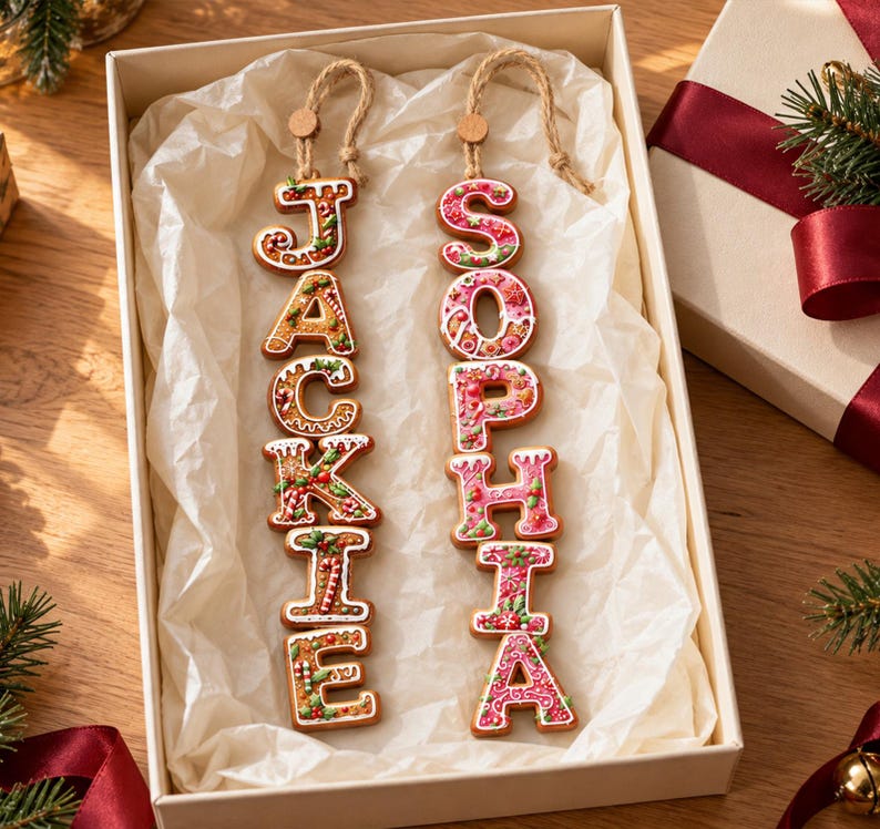 May include: Two vertical hanging ornaments shaped like gingerbread cookies, spelling the names JACKIE and SOPHIA. The letters feature white icing details, red and green accents, and are suspended by tan twine loops inside a white gift box.