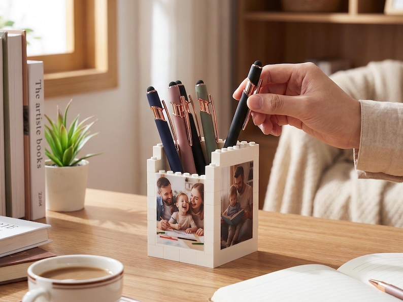 May include: A collection of pens in a white block-style pen holder with family photos. The pens are various colors, including navy, pink, and green, with gold accents. A hand is reaching for a black pen with a gold tip.