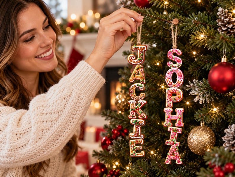May include: Two vertical Christmas tree ornaments shaped like gingerbread cookies, featuring the names JACKIE and SOPHIA in white icing. The letters are decorated with colorful sprinkles and red and green accents, each hanging from a rustic twine loop.