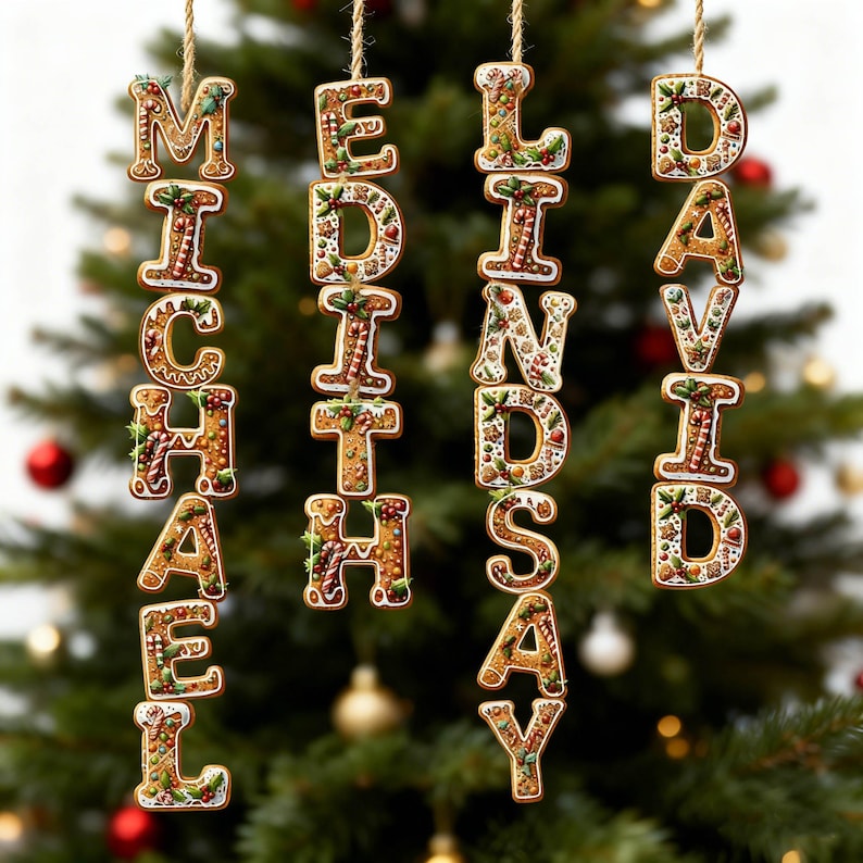 May include: Four vertical hanging ornaments shaped like gingerbread letters spelling the names MICHAEL, EDITH, LINDSAY, and DAVID. Each letter features a brown cookie texture with white icing, green holly leaves, red berries, and candy cane details.