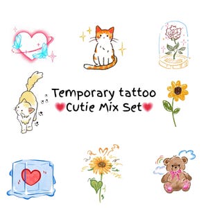 May include: A set of temporary tattoos with cute illustrations. Designs include a pink heart with butterflies, a cat, a rose in a glass dome, a sunflower, a heart in an ice cube, and a teddy bear. The text "Temporary tattoo Cutie Mix Set" is also included.