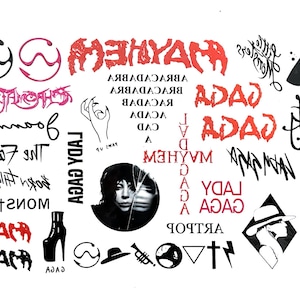 May include: A collection of black and red graphic designs and text on a white background. The designs include the word "MAYHEM" in a jagged font, the words "LADY GAGA", and various symbols and illustrations.