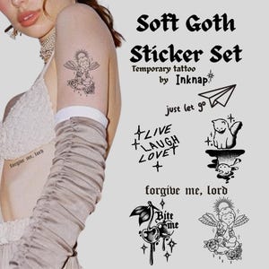 E-Girl Semi-Permanent Tattoo Sticker Set – Gothic Angel, Cherry, Cat, Quote, Aesthetic Fake Tattoo Bundle for Skin, y2k body art, girl gift