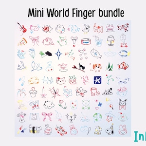 May include: A collection of hand-drawn illustrations, including a guitar, fish, pizza, and various other whimsical designs. The text "Mini World Finger bundle" is at the top, with the InkNap logo in the bottom right corner. The drawings are in black, red, and blue.