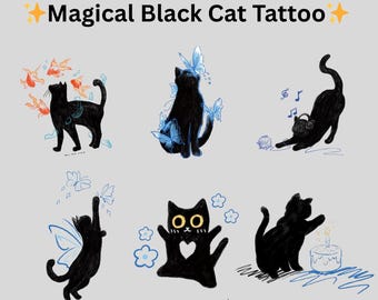 Tatuajes temporales de gato negro mágico - Lindos tatuajes de hadas - Arte corporal impermeable - Compra uno o un juego completo de 6 - Regalo para amantes de los gatos