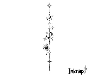 Tillfällig tatuering i himmelryggrad | Sol, måne, stjärnor, design | Långvarig 1–3 veckors örtbläcktatuering | Astrologi, kroppskonst | Sol, måne, stjärnor, konst