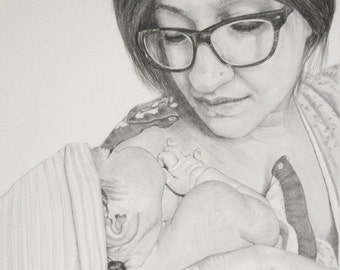 Custom Drawing Pencil Portrait of Mother and Child