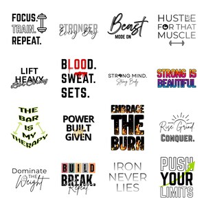 K&ouml;nnte beinhalten: Sammlung motivierender Fitness-Zitate in verschiedenen Schriftarten und Farben, darunter "Focus. Train. Repeat.", "Stronger Every Day" und "Push Your Limits". Ideal f&uuml;r Fitnessstudio-Dekoration oder Trainingskleidung.