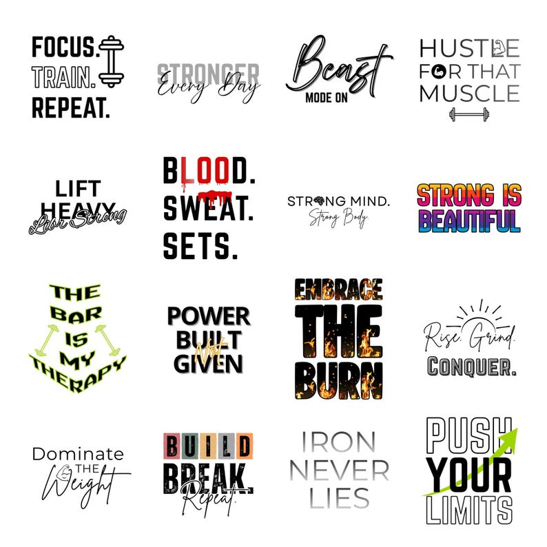 K&ouml;nnte beinhalten: Sammlung motivierender Fitness-Zitate in verschiedenen Schriftarten und Farben, darunter "Focus. Train. Repeat.", "Stronger Every Day" und "Push Your Limits". Ideal f&uuml;r Fitnessstudio-Dekoration oder Trainingskleidung.