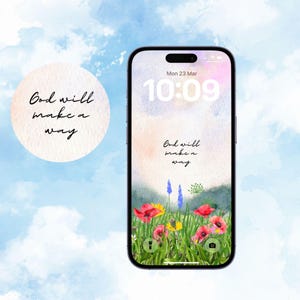 Christian iPhone Wallpaper Watercolor Floral Pastel Sky Field Lock Screen | Faith Aesthetic Affirmation God will make a way Phone Wallpaper