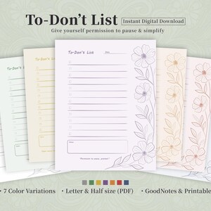 Lista de cosas por hacer imprimible – Diario de autocuidado floral – 7 colores – Tamaño carta y medio – Descarga digital consciente en PDF – Sección de notas incluida