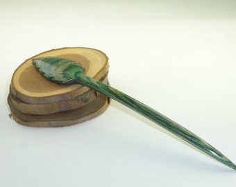 Hair Pin  Variegated Leaf Top Hand Carved  from Turquoise Dymondwood. Very Strong and water resistant.