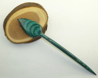 Hair Pin  Variegated Leaf Top Hand Carved  from Aqua Dymondwood. Very Strong and water resistant.