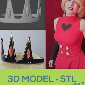 Può includere: L'immagine presenta due modelli di corona. Uno è un modello 3D grigio, l'altro è una corona nera con dettagli dorati e ovali rossi. Il testo recita "2 versions of the crown!" e "3D MODEL • STL + FREE GIFT!"