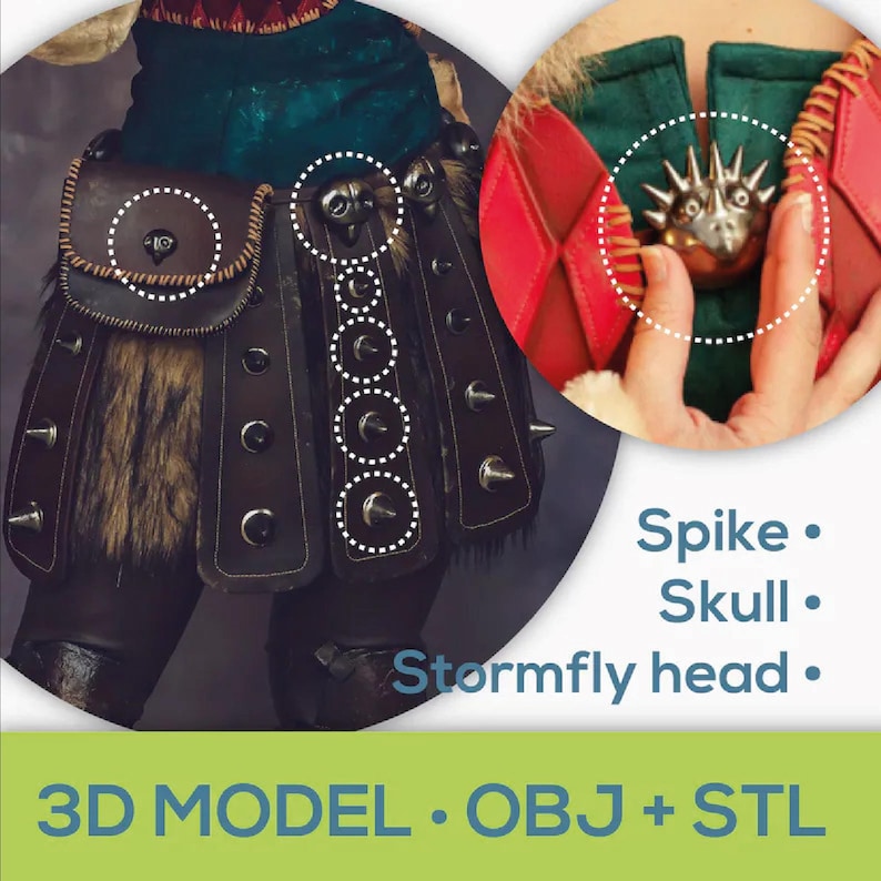 May include: A close-up of a brown leather garment with silver spikes and a small pouch. The garment has a fur trim and is adorned with silver studs. The image also shows a silver skull-shaped object with spikes. Text on the image reads "Spike, Skull, Stormfly head, 3D MODEL, OBJ + STL."