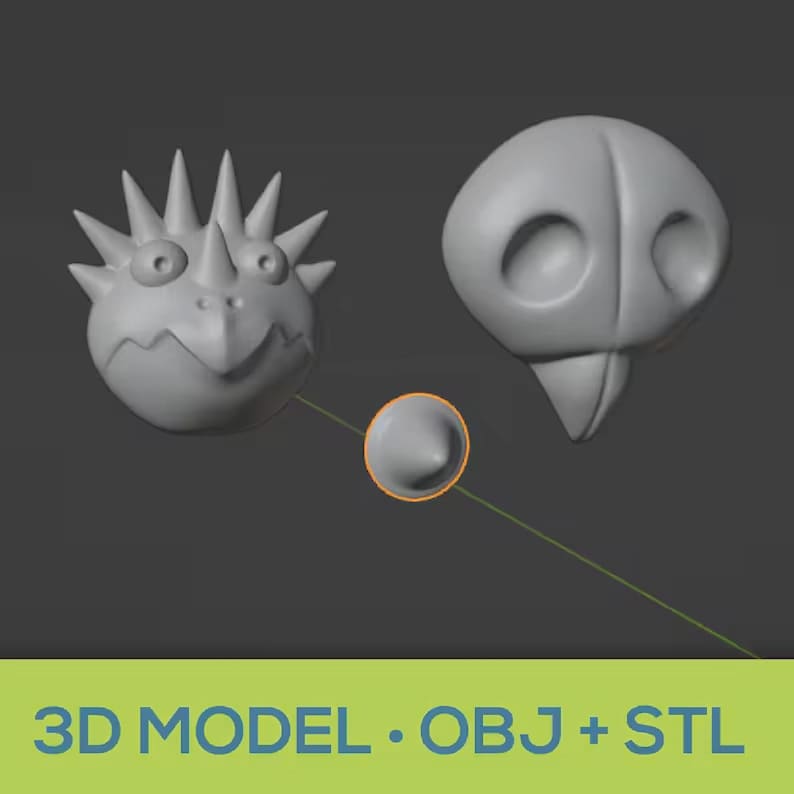May include: A 3D model rendering featuring two gray, cartoonish creature heads and a small cone shape. The heads have distinct features, one with spikes and the other with eye sockets. The text "3D MODEL &bull; OBJ + STL" is at the bottom.