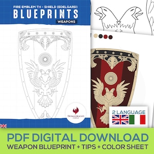 Op de afbeelding: Een digitale download met een schildblauwdruk van Fire Emblem TH - Shield (Edelgard). Het ontwerp bevat een gedetailleerde omtrek van het schild met een dubbelkoppig adelaarsymbool en de tekst "BLUEPRINTS WEAPONS".
